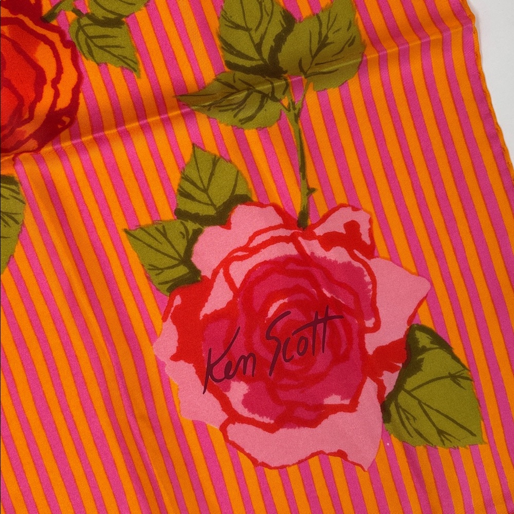 Vintage Ken Scott Italy Silk Scarf Floral Roses Pink Orange Hand Rolled Edge